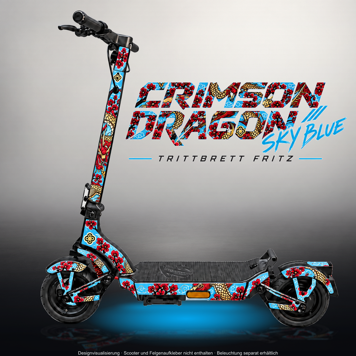 TRITTBRETT FRITZ SKIN | CRIMSON DRAGON SKY BLUE – Designvisualisierung im Studio-Look mit Licht in der Skinfarbe; Scooter nicht enthalten, Beleuchtung separat erhältlich