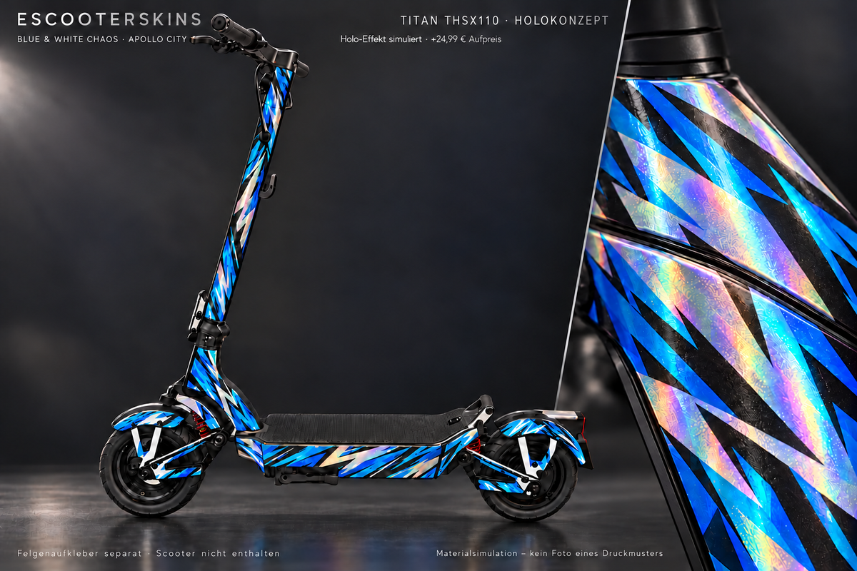 APOLLO CITY / CITY PRO (2022–2024) SKIN | BLUE & WHITE CHAOS – Holo-Effekt simuliert; +24,99 EUR Aufpreis. Digitale Materialsimulation, keine physische Druckprobe. Nur Body-Skin; Scooter und Felgenaufkleber nicht enthalten.