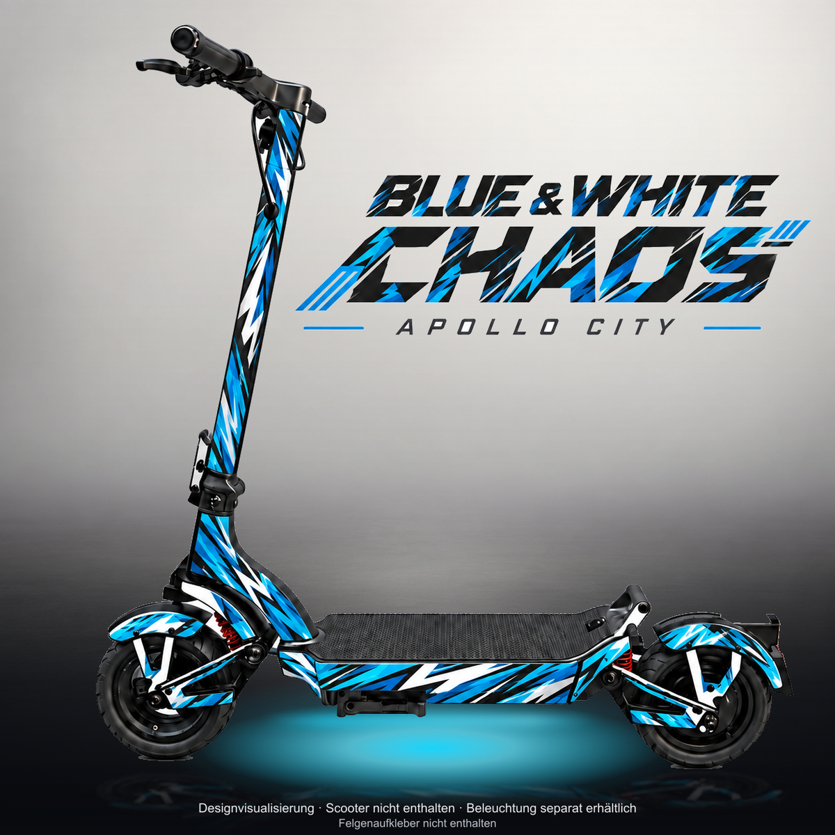 APOLLO CITY / CITY PRO (2022–2024) SKIN | BLUE & WHITE CHAOS – Studiofoto mit Licht in der Skinfarbe; Scooter und Beleuchtung separat erhältlich