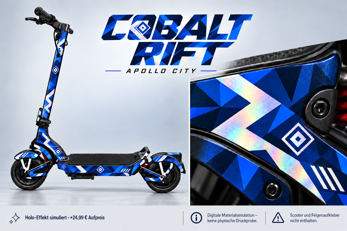 APOLLO CITY / CITY PRO (2022–2024) SKIN | COBALT RIFT – Holo-Effekt simuliert; +24,99 EUR Aufpreis. Digitale Materialsimulation, keine physische Druckprobe. Nur Body-Skin; Scooter und Felgenaufkleber nicht enthalten.