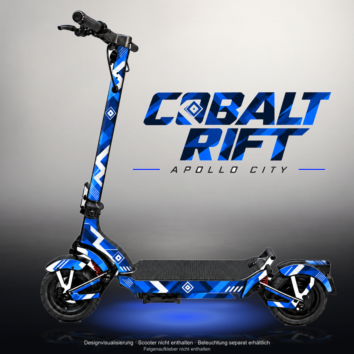 APOLLO CITY / CITY PRO (2022–2024) SKIN | COBALT RIFT – Studiofoto mit Licht in der Skinfarbe; Scooter und Beleuchtung separat erhältlich