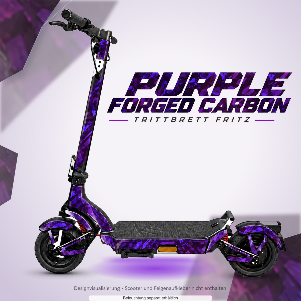 TRITTBRETT FRITZ SKIN | PURPLE FORGED CARBON – Designvisualisierung mit optionalem Lichteffekt. Beleuchtung und Reifenaufkleber separat erhältlich. Scooter nicht enthalten.