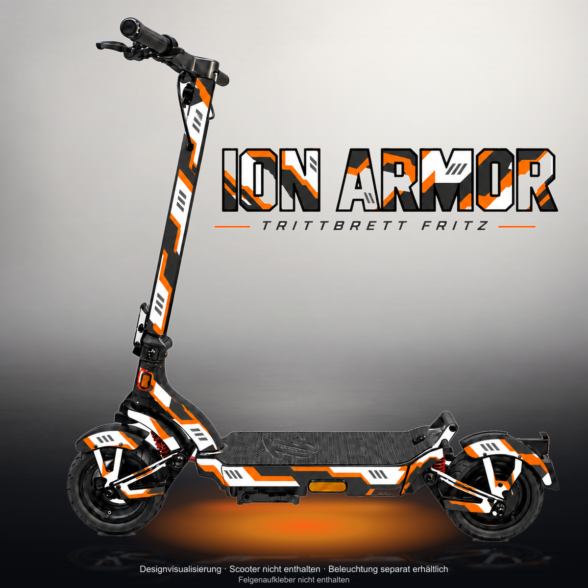 TRITTBRETT FRITZ SKIN | ION ARMOR – Studiofoto mit Licht in der Skinfarbe; Scooter und Beleuchtung separat erhältlich