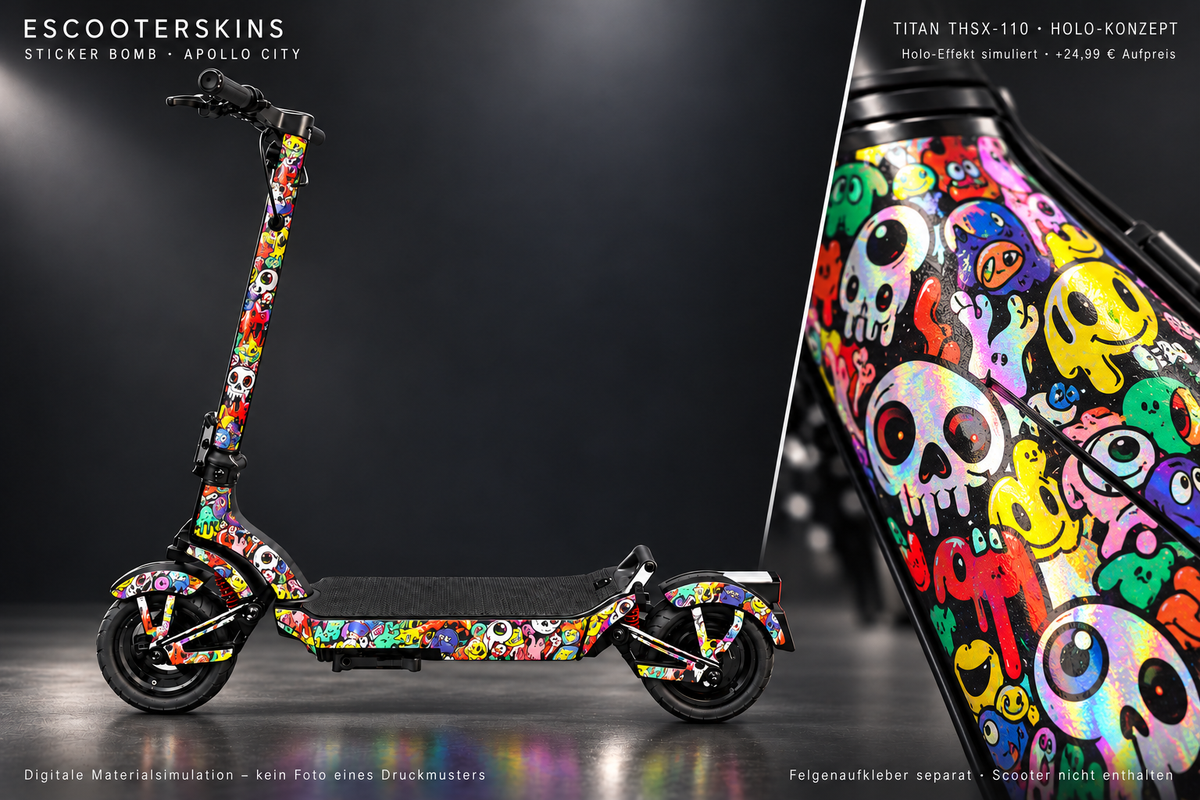 APOLLO CITY / CITY PRO (2022–2024) SKIN | STICKER BOMB – Holo-Effekt simuliert; +24,99 EUR Aufpreis. Digitale Materialsimulation, keine physische Druckprobe. Nur Body-Skin; Scooter und Felgenaufkleber nicht enthalten.