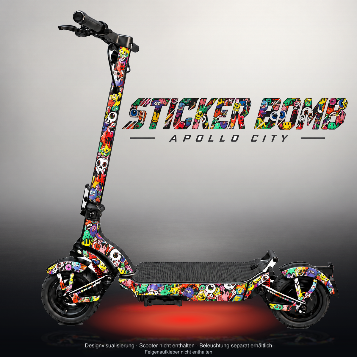 APOLLO CITY / CITY PRO (2022–2024) SKIN | STICKER BOMB – Studiofoto mit Licht in der Skinfarbe; Scooter und Beleuchtung separat erhältlich