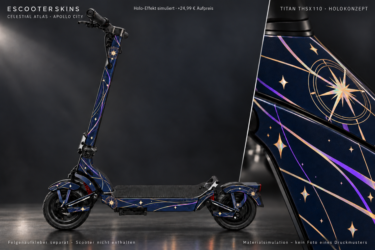 APOLLO CITY / CITY PRO (2022–2024) SKIN | CELESTIAL ATLAS – Holo-Effekt simuliert; +24,99 EUR Aufpreis. Digitale Materialsimulation, keine physische Druckprobe. Nur Body-Skin; Scooter und Felgenaufkleber nicht enthalten.