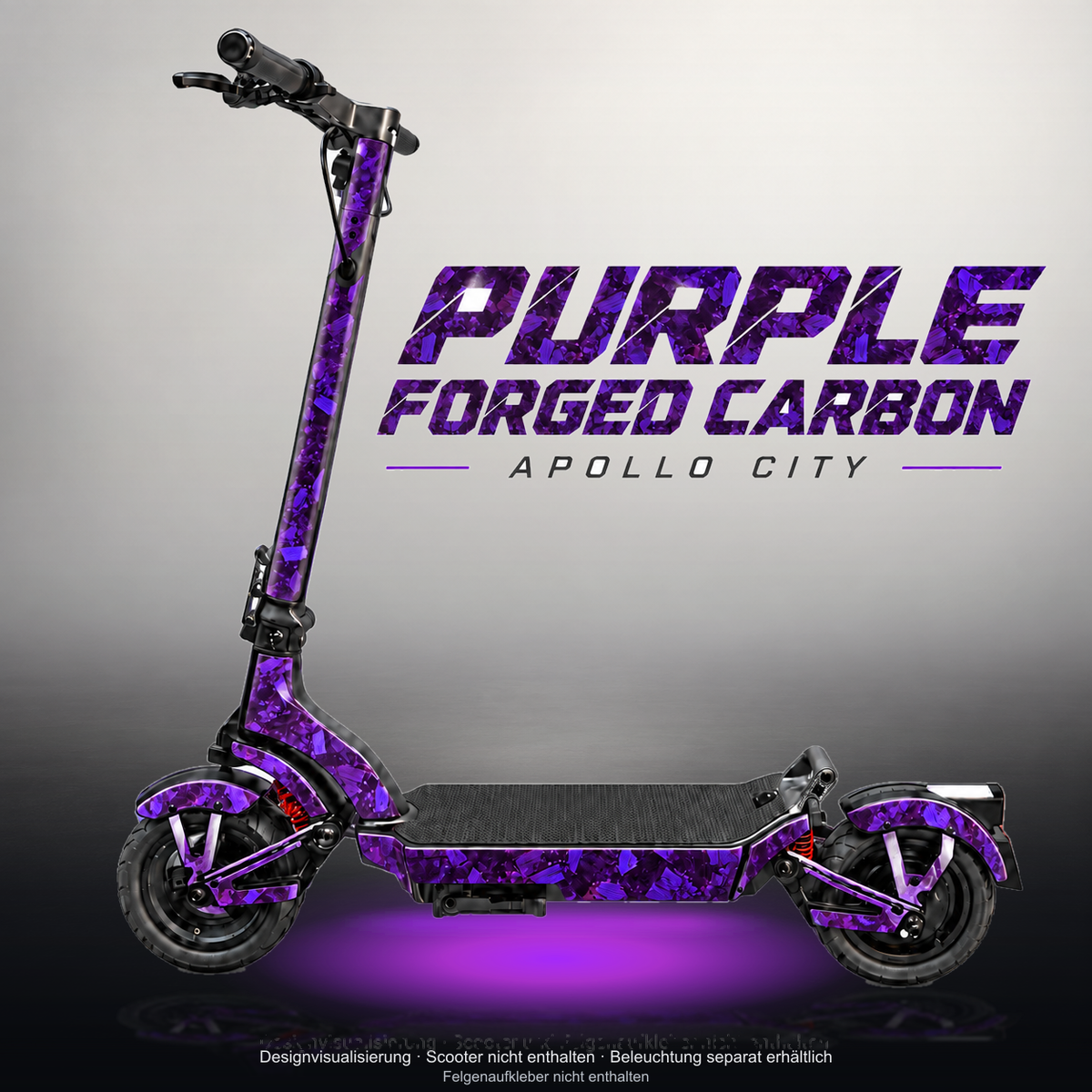 APOLLO CITY / CITY PRO (2022–2024) SKIN | PURPLE FORGED CARBON – Studiofoto mit Licht in der Skinfarbe; Scooter und Beleuchtung separat erhältlich