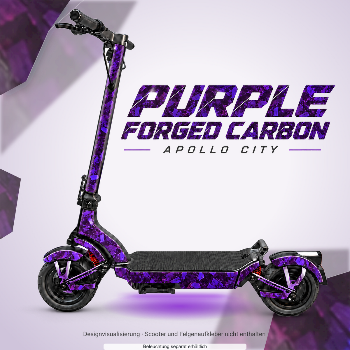 APOLLO CITY / CITY PRO (2022–2024) SKIN | PURPLE FORGED CARBON – Designvisualisierung mit optionalem Lichteffekt. Beleuchtung und Reifenaufkleber separat erhältlich. Scooter nicht enthalten.