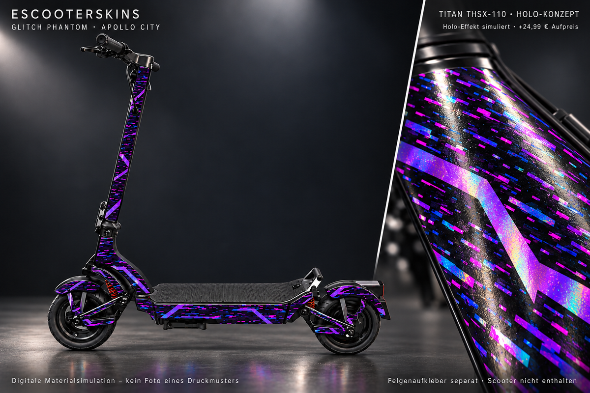 APOLLO CITY / CITY PRO (2022–2024) SKIN | GLITCH PHANTOM – Holo-Effekt simuliert; +24,99 EUR Aufpreis. Digitale Materialsimulation, keine physische Druckprobe. Nur Body-Skin; Scooter und Felgenaufkleber nicht enthalten.