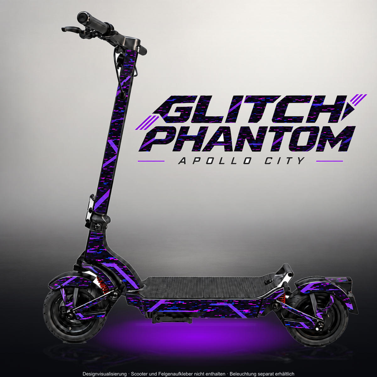 APOLLO CITY / CITY PRO (2022–2024) SKIN | GLITCH PHANTOM – Designvisualisierung im Studio-Look mit Licht in der Skinfarbe; Scooter nicht enthalten, Beleuchtung separat erhältlich