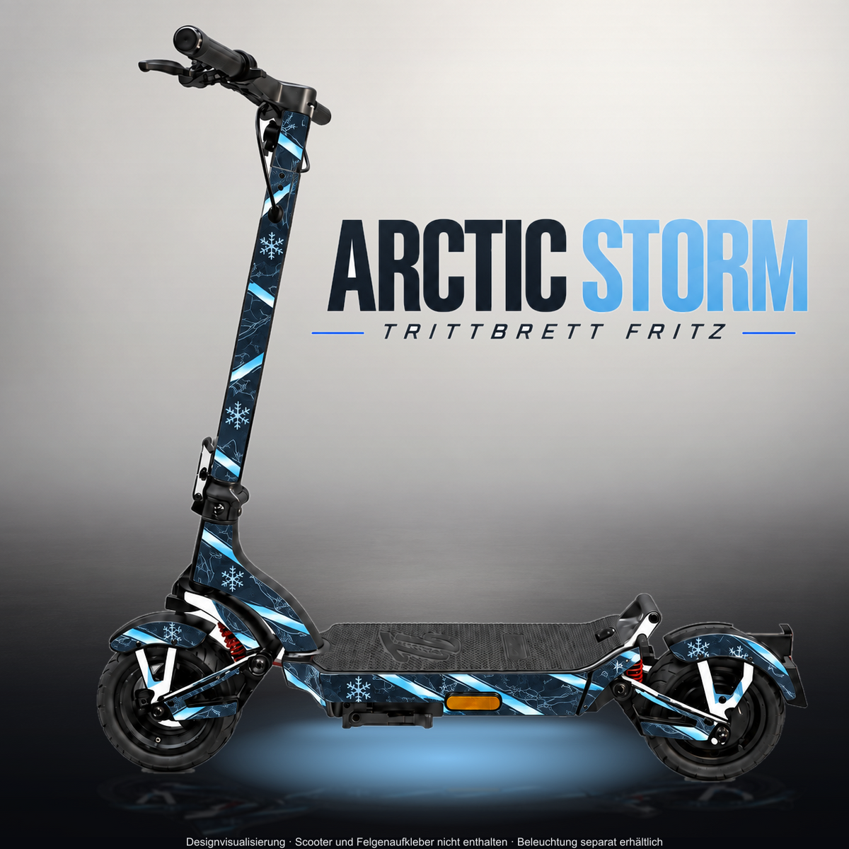 TRITTBRETT FRITZ SKIN | ARCTIC STORM – Designvisualisierung im Studio-Look mit Licht in der Skinfarbe; Scooter nicht enthalten, Beleuchtung separat erhältlich