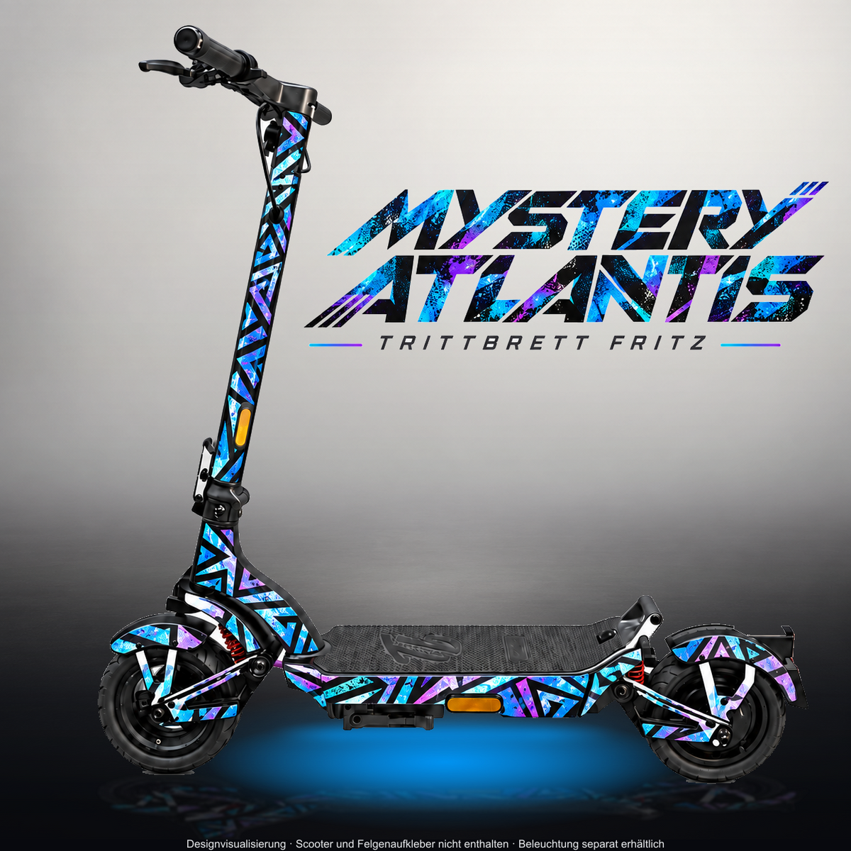 TRITTBRETT FRITZ SKIN | MYSTERY ATLANTIS – Designvisualisierung im Studio-Look mit Licht in der Skinfarbe; Scooter nicht enthalten, Beleuchtung separat erhältlich