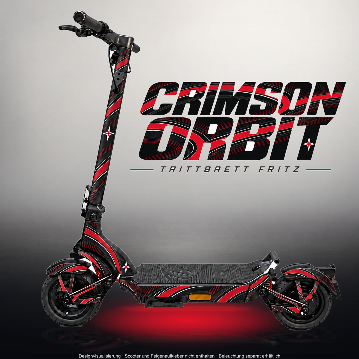TRITTBRETT FRITZ SKIN | CRIMSON ORBIT – Designvisualisierung im Studio-Look mit Licht in der Skinfarbe; Scooter nicht enthalten, Beleuchtung separat erhältlich