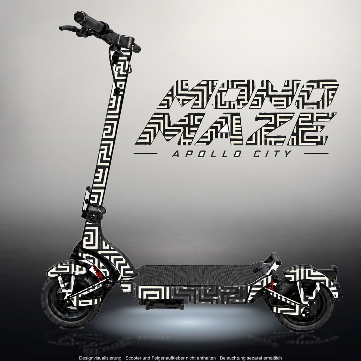 APOLLO CITY / CITY PRO (2022–2024) SKIN | MONO MAZE – Designvisualisierung im Studio-Look mit Licht in der Skinfarbe; Scooter nicht enthalten, Beleuchtung separat erhältlich