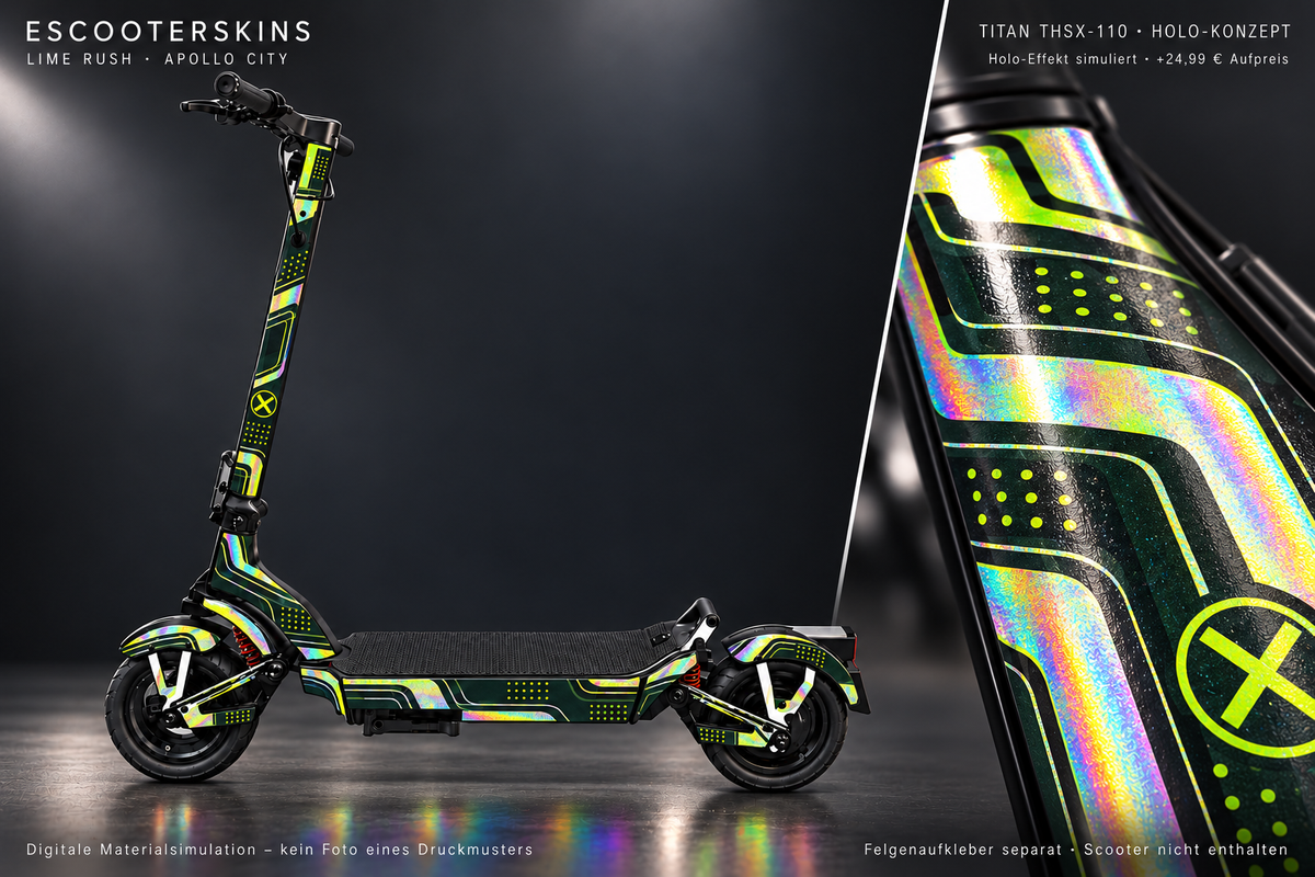 APOLLO CITY / CITY PRO (2022–2024) SKIN | LIME RUSH – Holo-Effekt simuliert; +24,99 EUR Aufpreis. Digitale Materialsimulation, keine physische Druckprobe. Nur Body-Skin; Scooter und Felgenaufkleber nicht enthalten.
