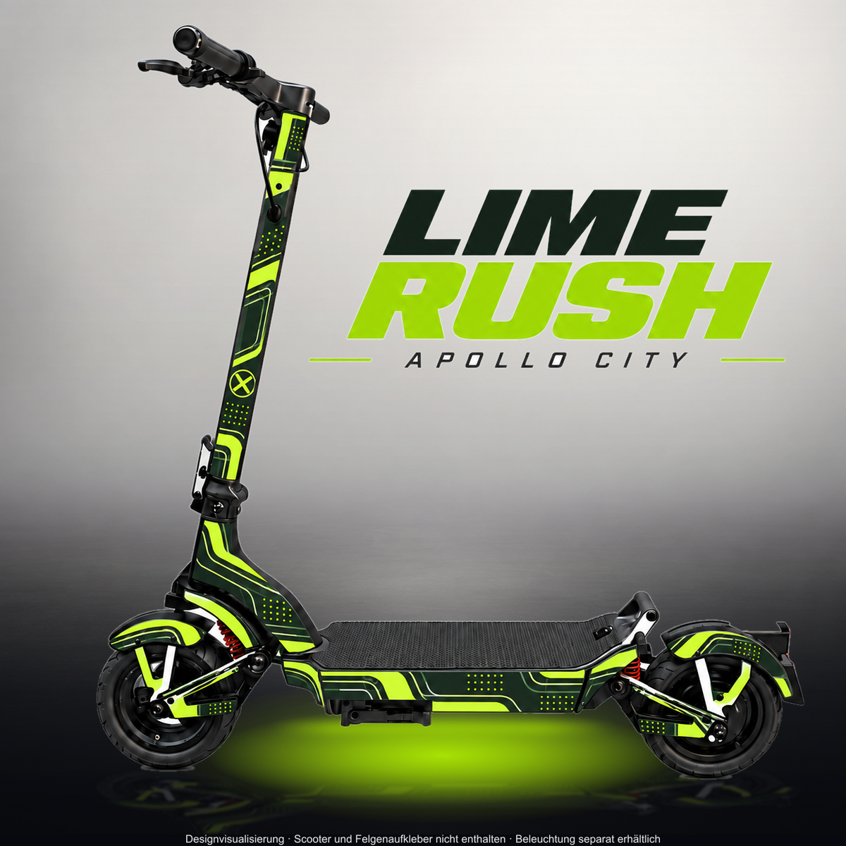 APOLLO CITY / CITY PRO (2022–2024) SKIN | LIME RUSH – Designvisualisierung im Studio-Look mit Licht in der Skinfarbe; Scooter nicht enthalten, Beleuchtung separat erhältlich