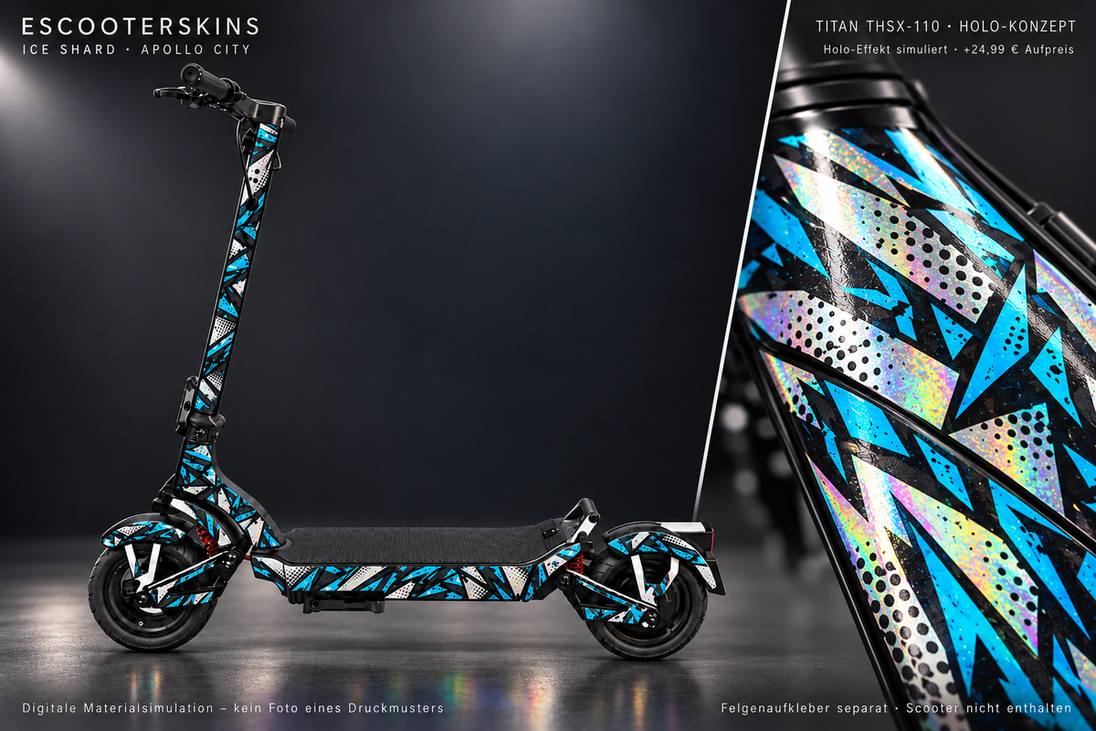 APOLLO CITY / CITY PRO (2022–2024) SKIN | ICE SHARD – Holo-Effekt simuliert; +24,99 EUR Aufpreis. Digitale Materialsimulation, keine physische Druckprobe. Nur Body-Skin; Scooter und Felgenaufkleber nicht enthalten.