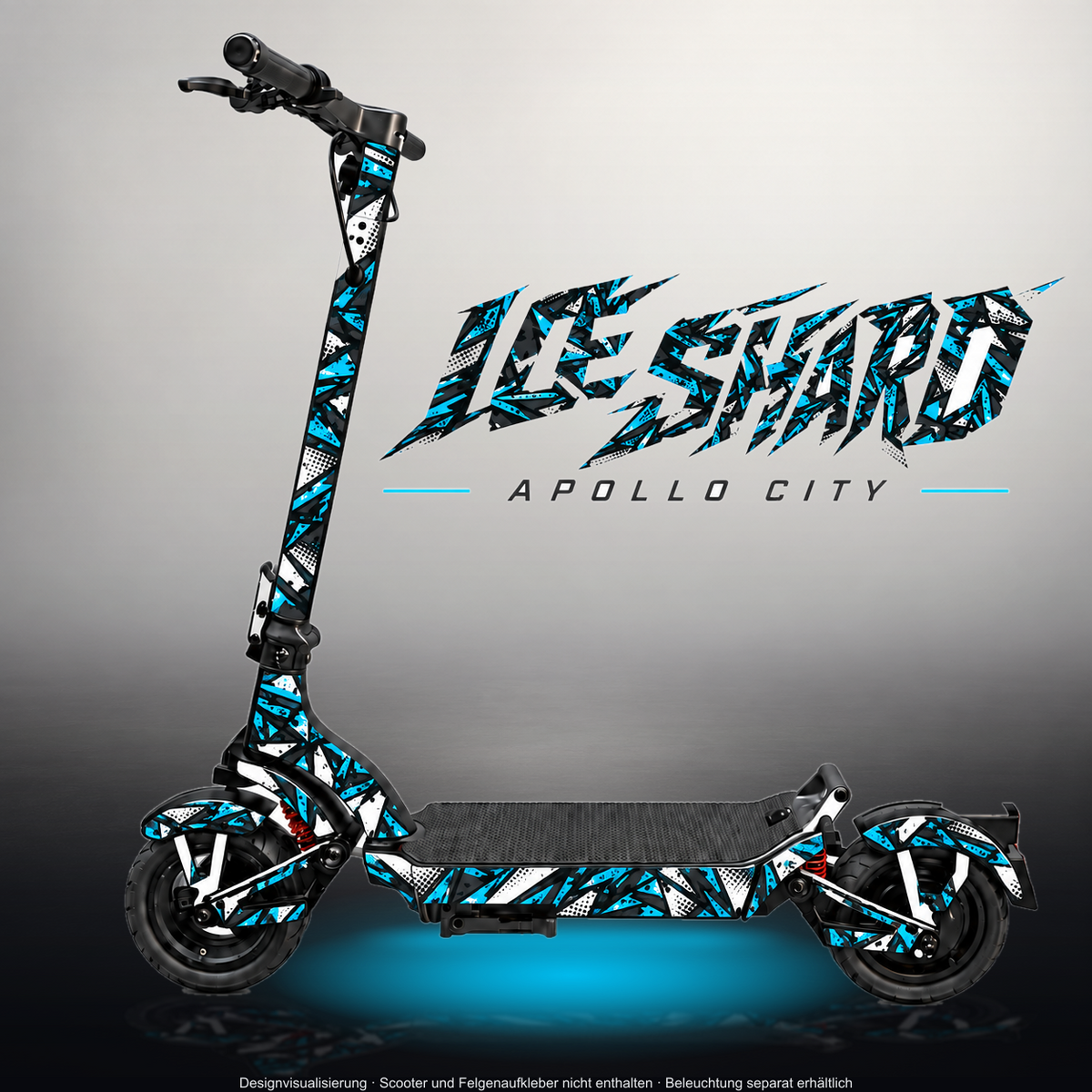 APOLLO CITY / CITY PRO (2022–2024) SKIN | ICE SHARD – Designvisualisierung im Studio-Look mit Licht in der Skinfarbe; Scooter nicht enthalten, Beleuchtung separat erhältlich