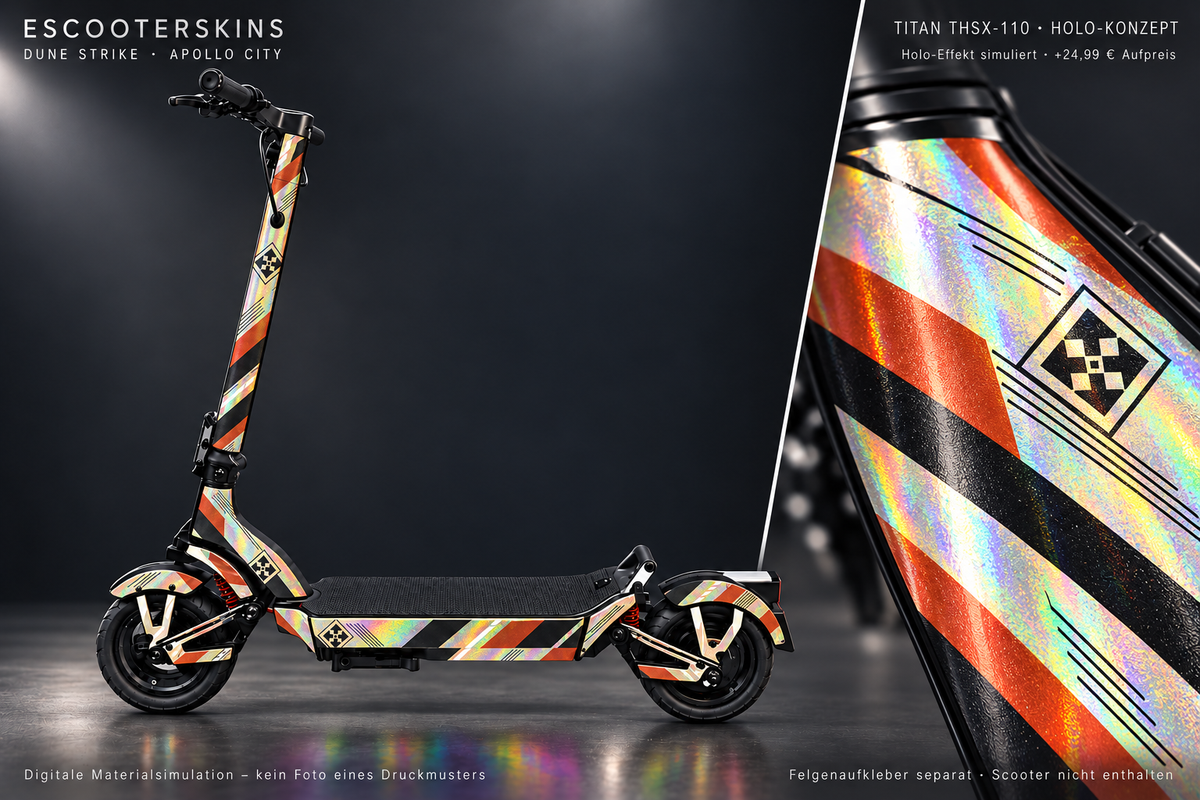 APOLLO CITY / CITY PRO (2022–2024) SKIN | DUNE STRIKE – Holo-Effekt simuliert; +24,99 EUR Aufpreis. Digitale Materialsimulation, keine physische Druckprobe. Nur Body-Skin; Scooter und Felgenaufkleber nicht enthalten.