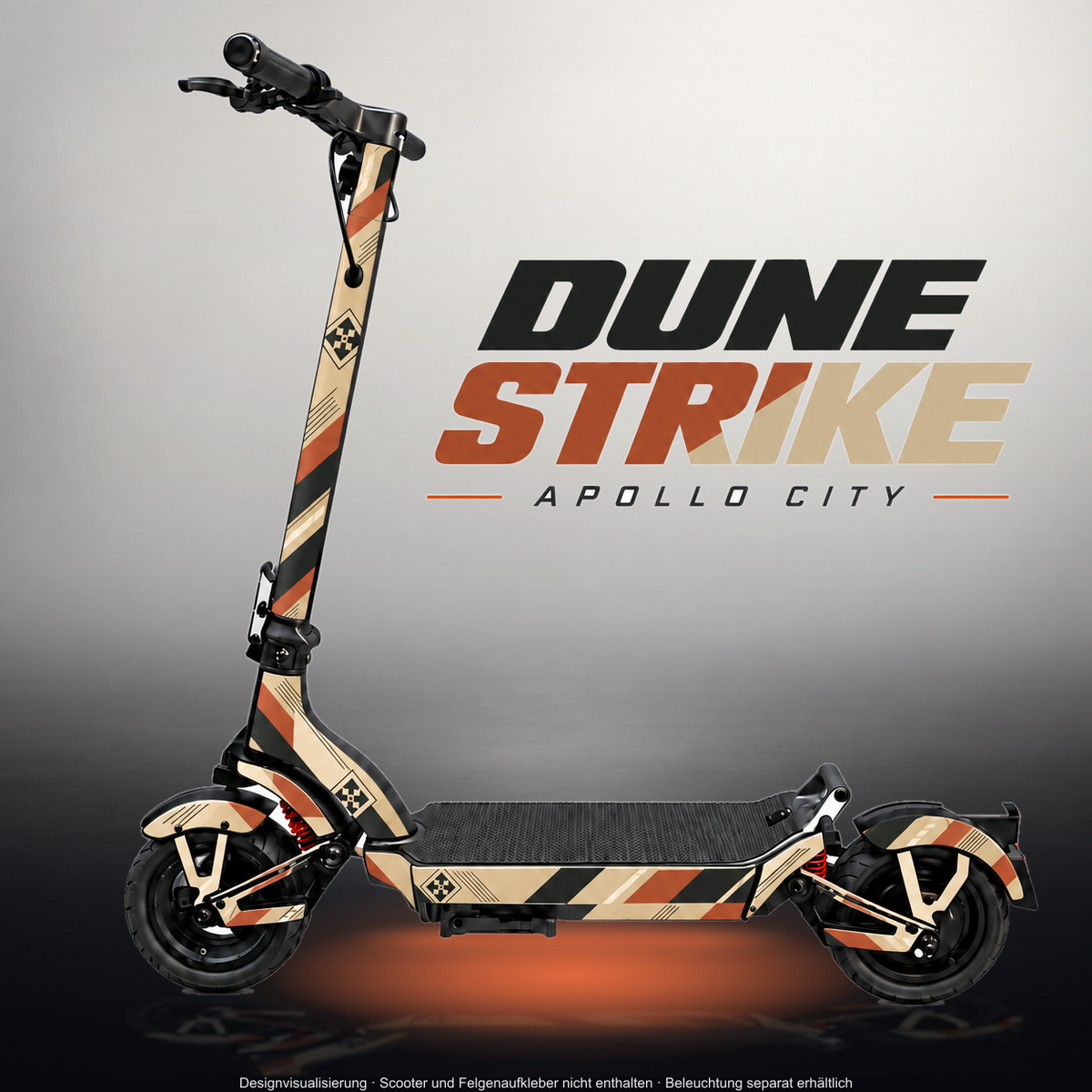 APOLLO CITY / CITY PRO (2022–2024) SKIN | DUNE STRIKE – Designvisualisierung im Studio-Look mit Licht in der Skinfarbe; Scooter nicht enthalten, Beleuchtung separat erhältlich