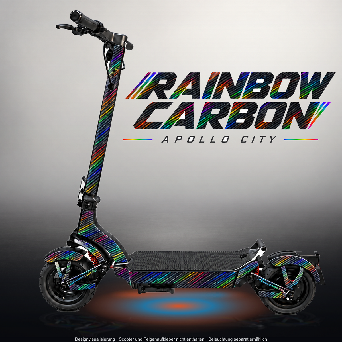 APOLLO CITY / CITY PRO (2022–2024) SKIN | RAINBOW CARBON – Designvisualisierung im Studio-Look mit Licht in der Skinfarbe; Scooter nicht enthalten, Beleuchtung separat erhältlich