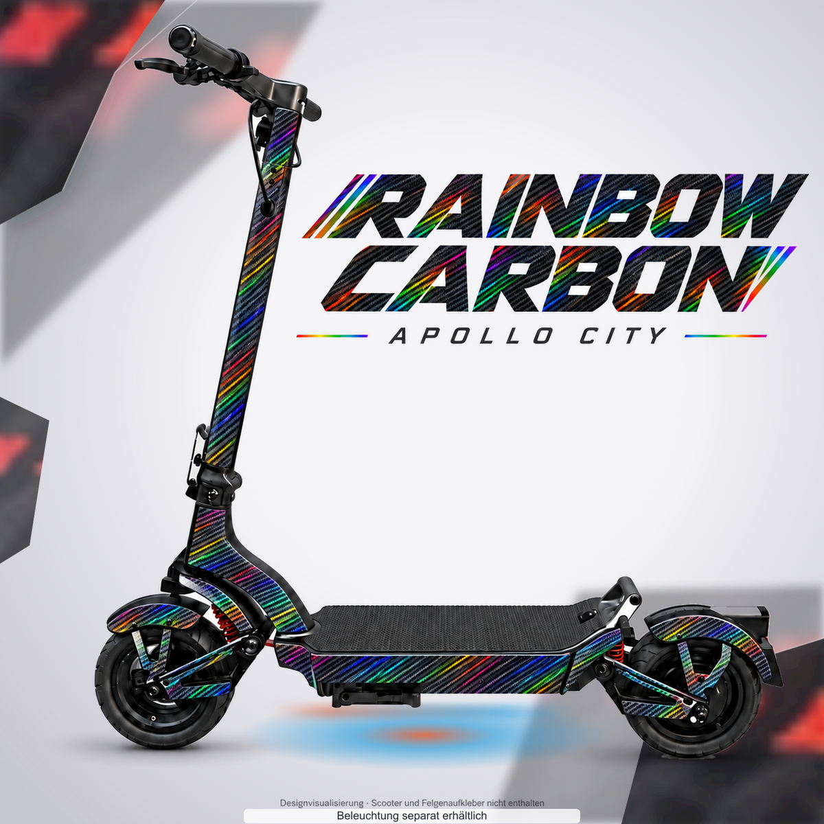 APOLLO CITY / CITY PRO (2022–2024) SKIN | RAINBOW CARBON – Designvisualisierung mit optionalem Lichteffekt. Beleuchtung und Reifenaufkleber separat erhältlich. Scooter nicht enthalten.