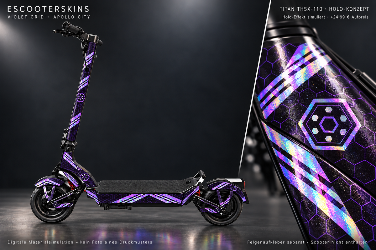APOLLO CITY / CITY PRO (2022–2024) SKIN | VIOLET GRID – Holo-Effekt simuliert; +24,99 EUR Aufpreis. Digitale Materialsimulation, keine physische Druckprobe. Nur Body-Skin; Scooter und Felgenaufkleber nicht enthalten.