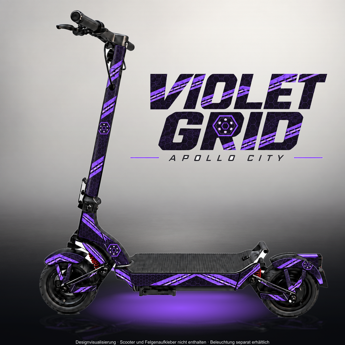 APOLLO CITY / CITY PRO (2022–2024) SKIN | VIOLET GRID – Designvisualisierung im Studio-Look mit Licht in der Skinfarbe; Scooter nicht enthalten, Beleuchtung separat erhältlich