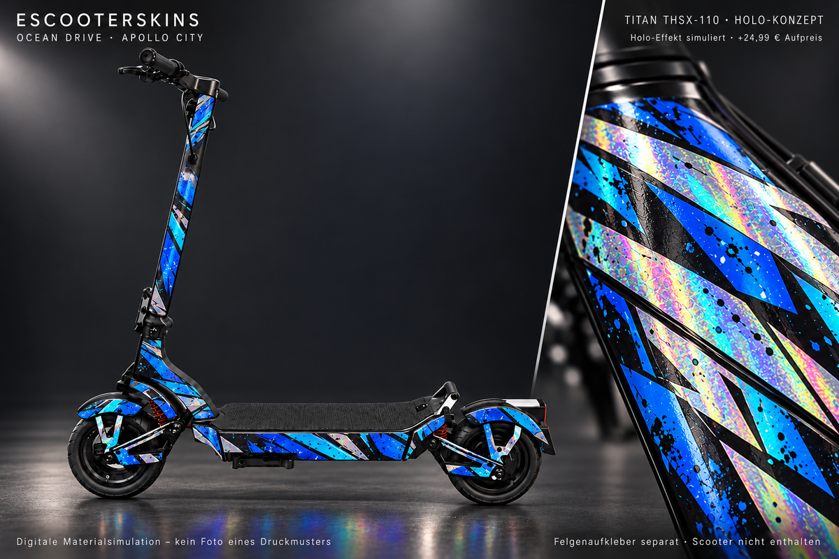 APOLLO CITY / CITY PRO (2022–2024) SKIN | OCEAN DRIVE – Holo-Effekt simuliert; +24,99 EUR Aufpreis. Digitale Materialsimulation, keine physische Druckprobe. Nur Body-Skin; Scooter und Felgenaufkleber nicht enthalten.