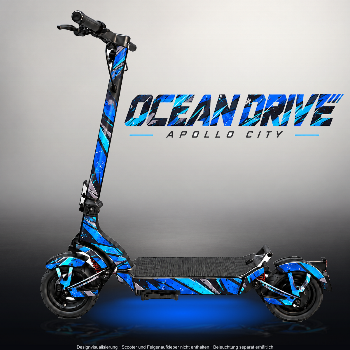 APOLLO CITY / CITY PRO (2022–2024) SKIN | OCEAN DRIVE – Designvisualisierung im Studio-Look mit Licht in der Skinfarbe; Scooter nicht enthalten, Beleuchtung separat erhältlich