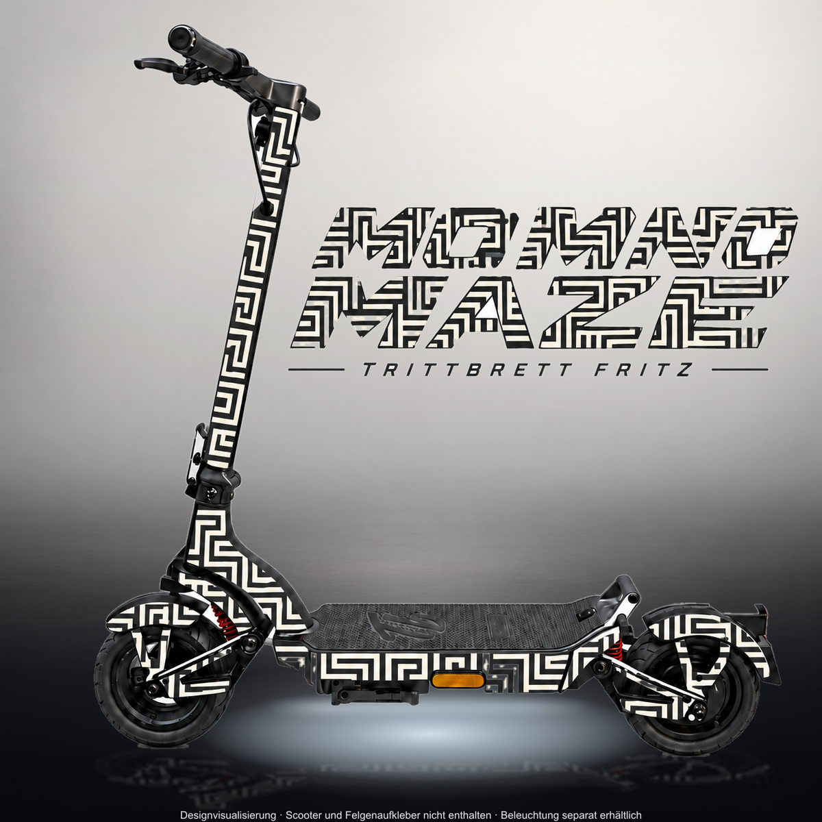 TRITTBRETT FRITZ SKIN | MONO MAZE – Designvisualisierung im Studio-Look mit Licht in der Skinfarbe; Scooter nicht enthalten, Beleuchtung separat erhältlich