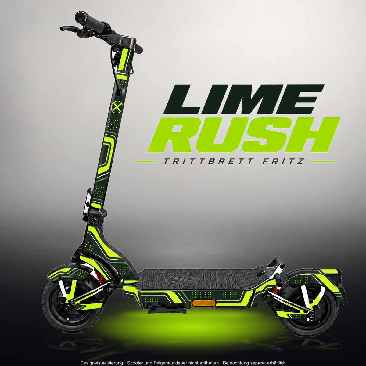 TRITTBRETT FRITZ SKIN | LIME RUSH – Designvisualisierung im Studio-Look mit Licht in der Skinfarbe; Scooter nicht enthalten, Beleuchtung separat erhältlich