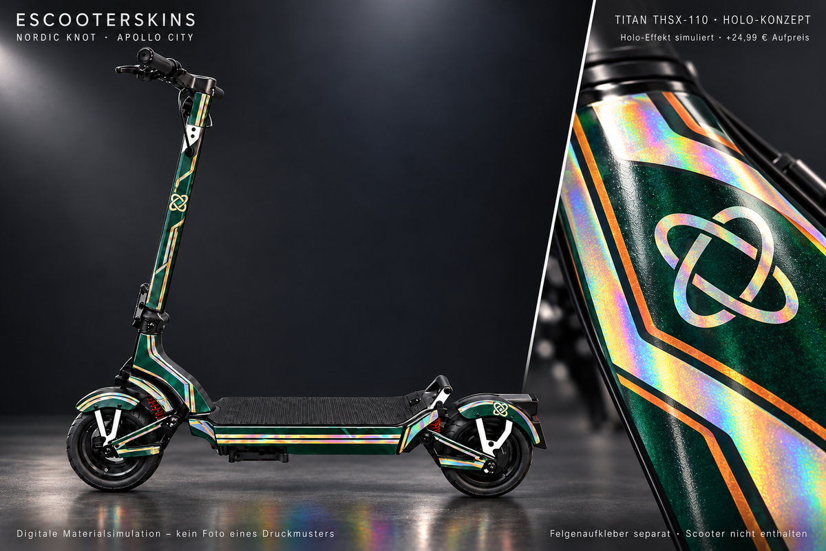 APOLLO CITY / CITY PRO (2022–2024) SKIN | NORDIC KNOT – Holo-Effekt simuliert; +24,99 EUR Aufpreis. Digitale Materialsimulation, keine physische Druckprobe. Nur Body-Skin; Scooter und Felgenaufkleber nicht enthalten.