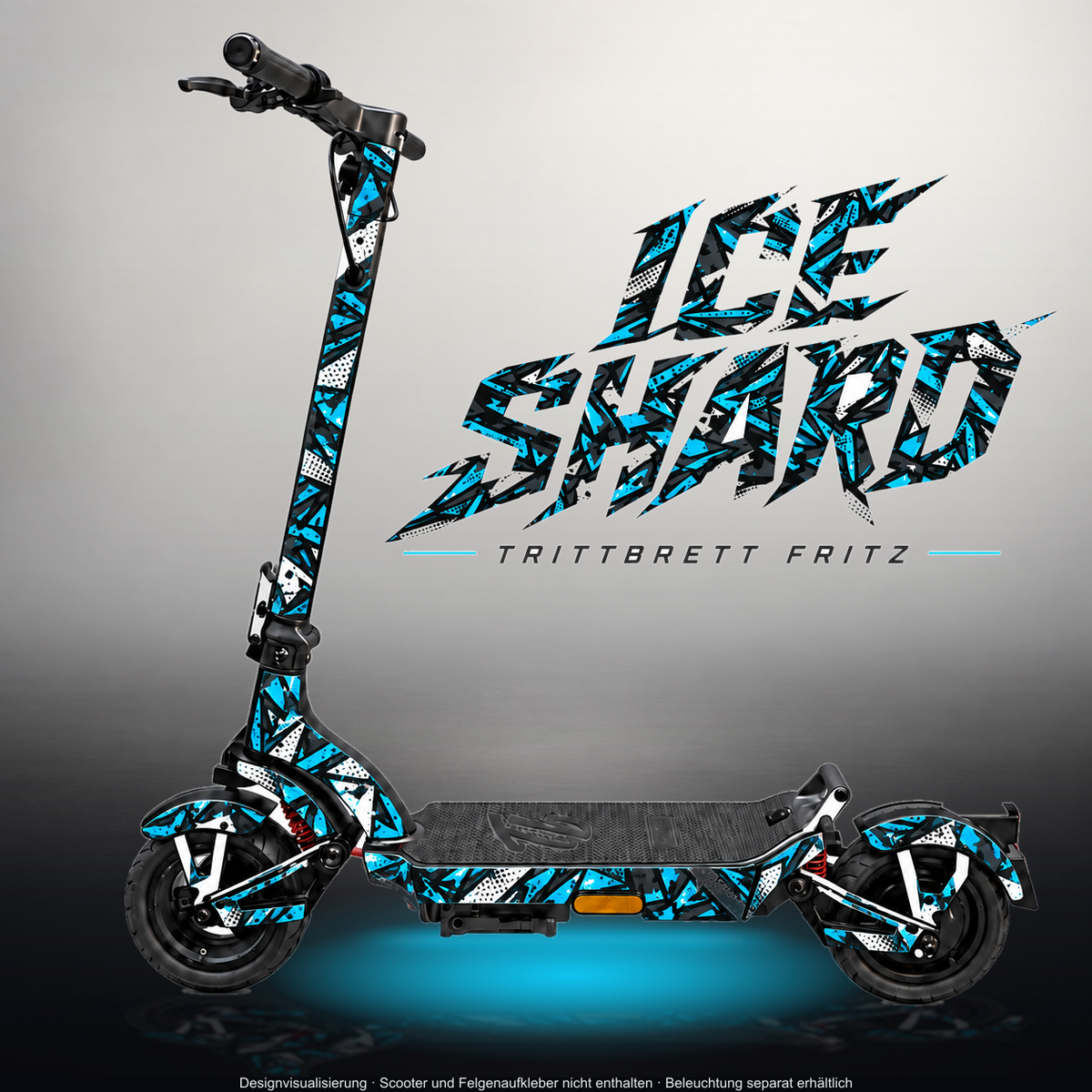 TRITTBRETT FRITZ SKIN | ICE SHARD – Designvisualisierung im Studio-Look mit Licht in der Skinfarbe; Scooter nicht enthalten, Beleuchtung separat erhältlich