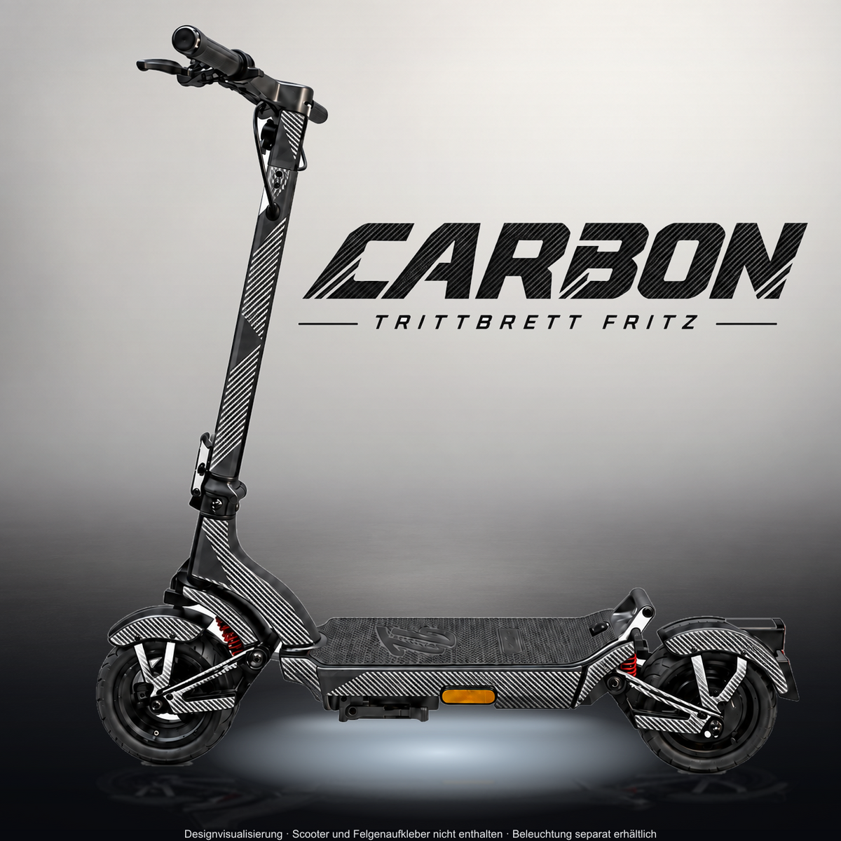TRITTBRETT FRITZ SKIN | CARBON – Designvisualisierung im Studio-Look mit Licht in der Skinfarbe; Scooter nicht enthalten, Beleuchtung separat erhältlich