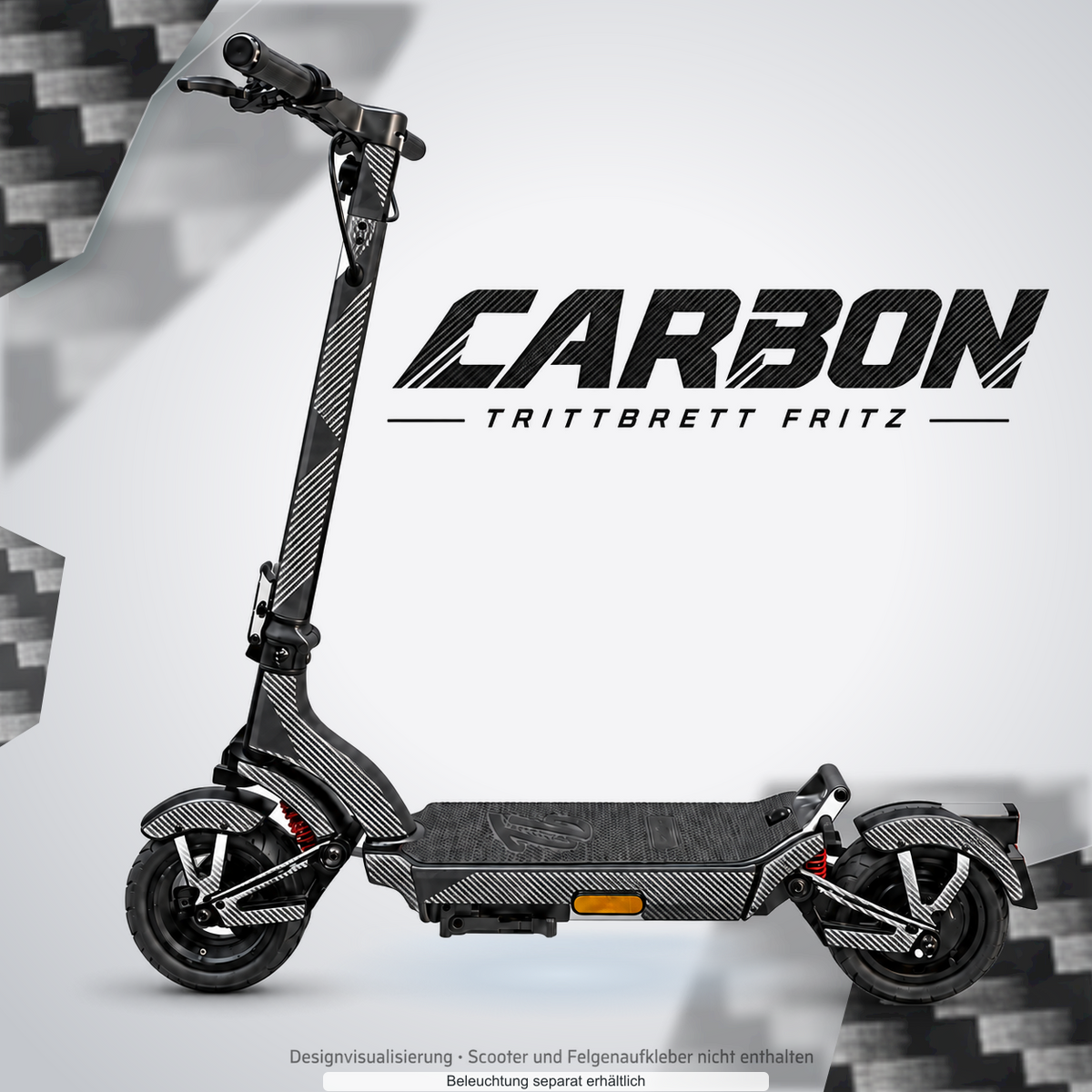 TRITTBRETT FRITZ SKIN | CARBON – Designvisualisierung mit optionalem Lichteffekt. Beleuchtung und Reifenaufkleber separat erhältlich. Scooter nicht enthalten.
