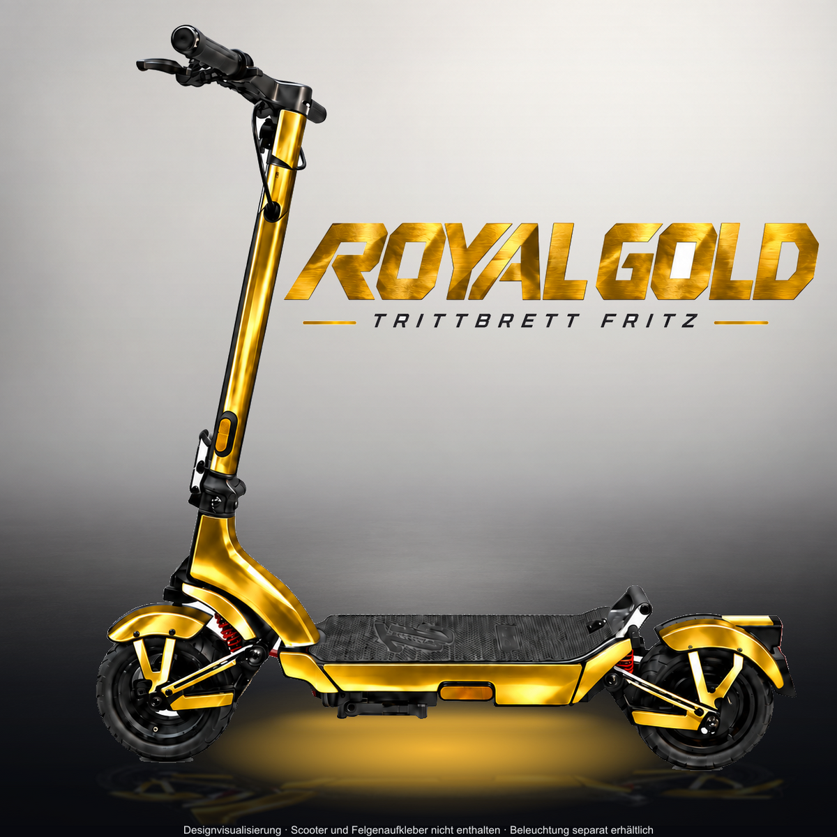 TRITTBRETT FRITZ SKIN | ROYAL GOLD – Designvisualisierung im Studio-Look mit Licht in der Skinfarbe; Scooter nicht enthalten, Beleuchtung separat erhältlich