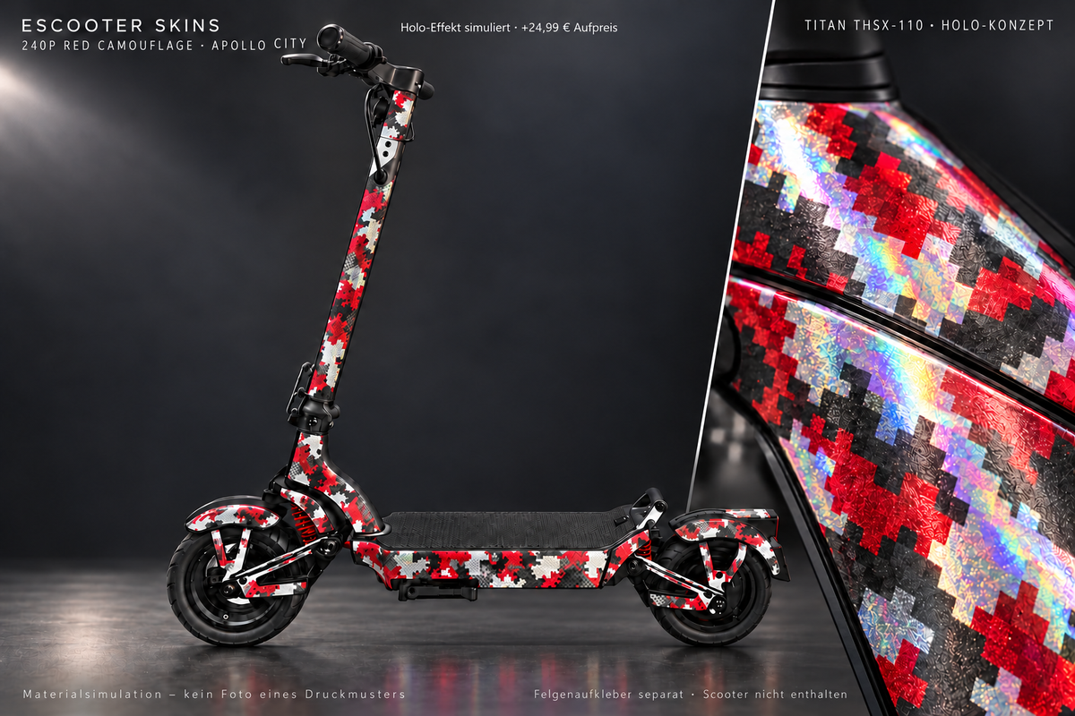 APOLLO CITY / CITY PRO (2022–2024) SKIN | 240P RED CAMOUFLAGE – Holo-Effekt simuliert; +24,99 EUR Aufpreis. Digitale Materialsimulation, keine physische Druckprobe. Nur Body-Skin; Scooter und Felgenaufkleber nicht enthalten.
