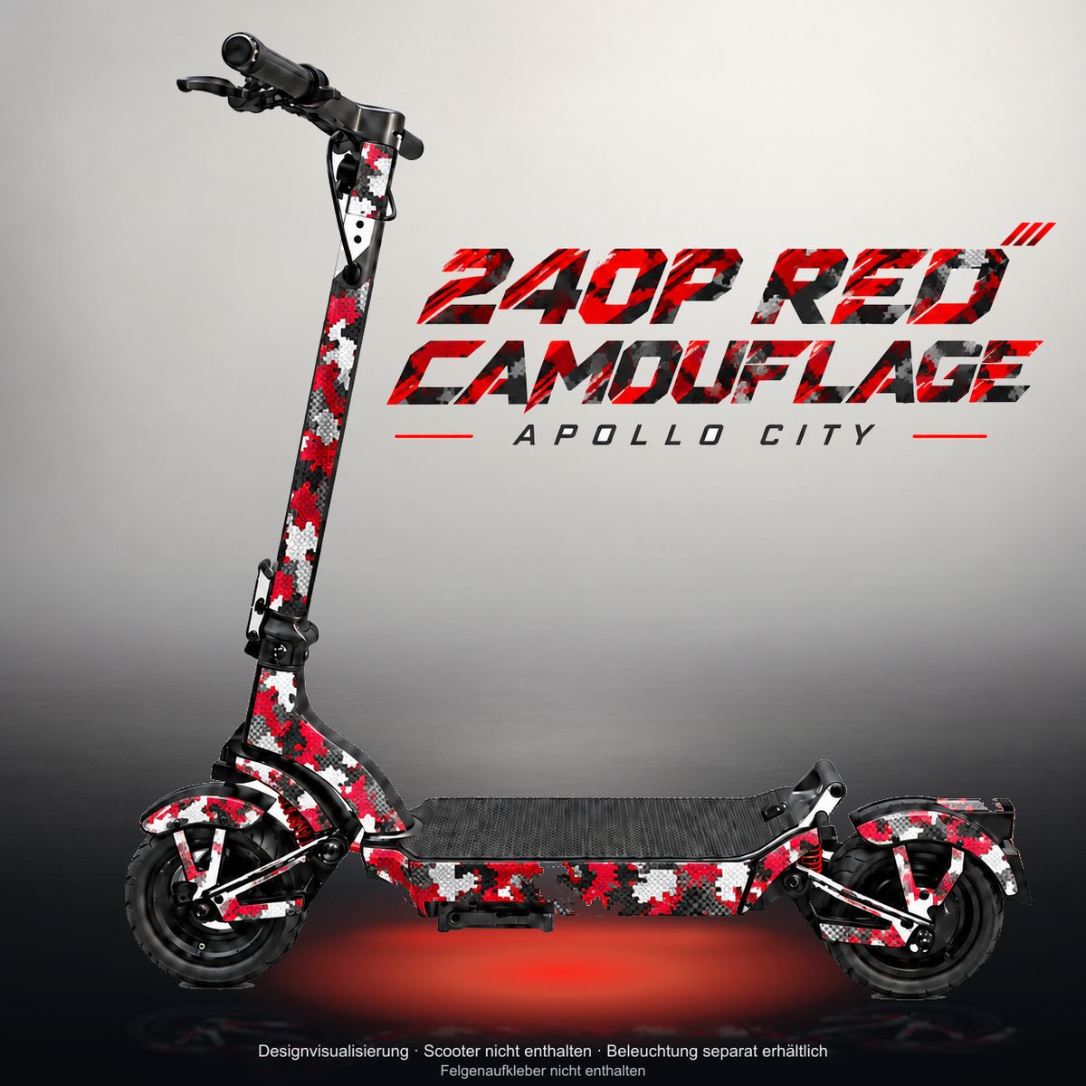 APOLLO CITY / CITY PRO (2022–2024) SKIN | 240P RED CAMOUFLAGE – Studiofoto mit Licht in der Skinfarbe; Scooter und Beleuchtung separat erhältlich