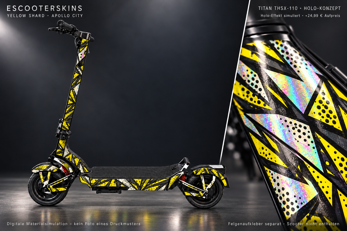 APOLLO CITY / CITY PRO (2022–2024) SKIN | YELLOW SHARD – Holo-Effekt simuliert; +24,99 EUR Aufpreis. Digitale Materialsimulation, keine physische Druckprobe. Nur Body-Skin; Scooter und Felgenaufkleber nicht enthalten.