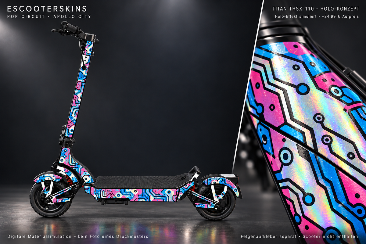 APOLLO CITY / CITY PRO (2022–2024) SKIN | POP CIRCUIT – Holo-Effekt simuliert; +24,99 EUR Aufpreis. Digitale Materialsimulation, keine physische Druckprobe. Nur Body-Skin; Scooter und Felgenaufkleber nicht enthalten.