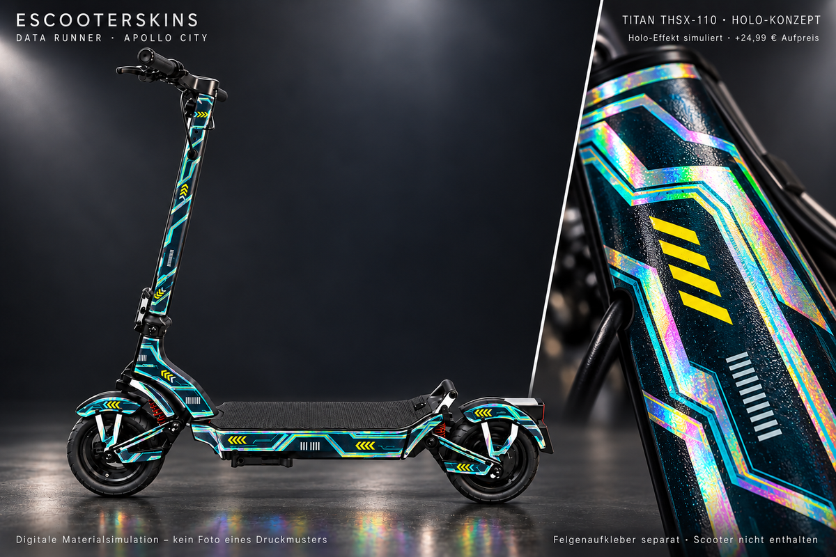 APOLLO CITY / CITY PRO (2022–2024) SKIN | DATA RUNNER – Holo-Effekt simuliert; +24,99 EUR Aufpreis. Digitale Materialsimulation, keine physische Druckprobe. Nur Body-Skin; Scooter und Felgenaufkleber nicht enthalten.
