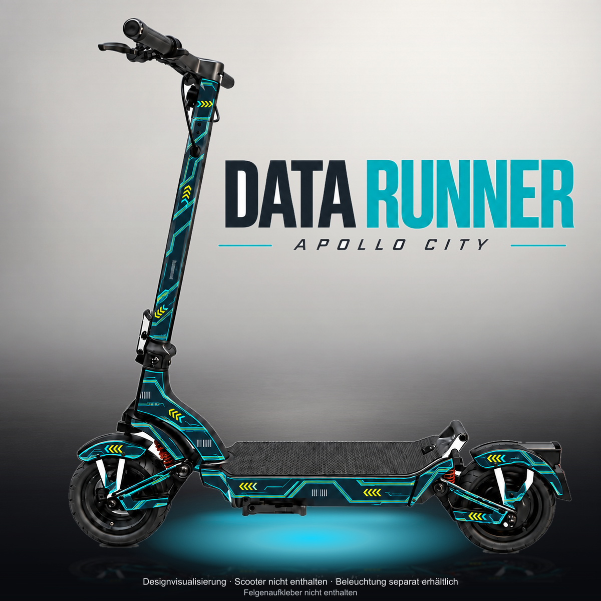 APOLLO CITY / CITY PRO (2022–2024) SKIN | DATA RUNNER – Studiofoto mit Licht in der Skinfarbe; Scooter und Beleuchtung separat erhältlich