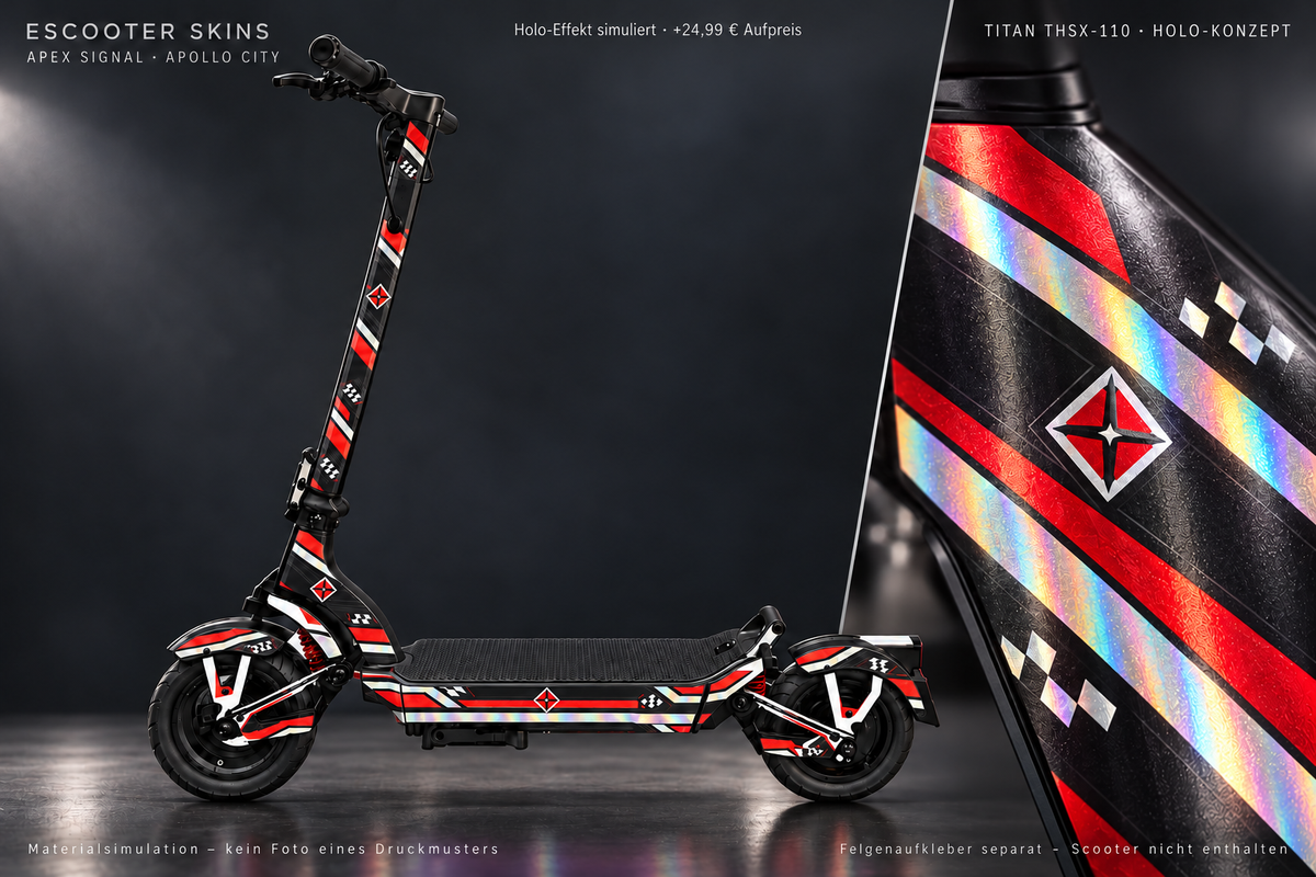 APOLLO CITY / CITY PRO (2022–2024) SKIN | APEX SIGNAL – Holo-Effekt simuliert; +24,99 EUR Aufpreis. Digitale Materialsimulation, keine physische Druckprobe. Nur Body-Skin; Scooter und Felgenaufkleber nicht enthalten.