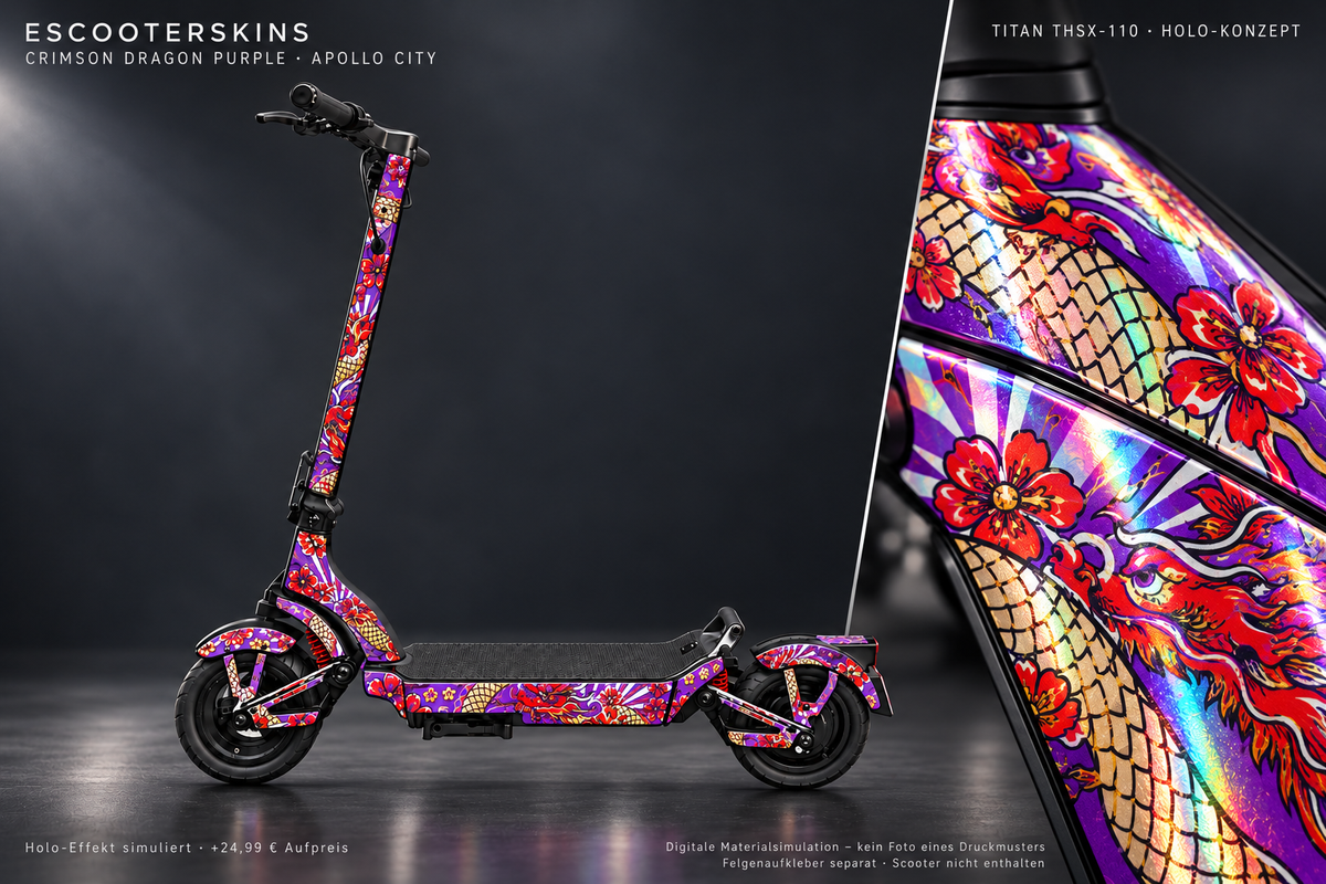 APOLLO CITY / CITY PRO (2022–2024) SKIN | CRIMSON DRAGON PURPLE – Holo-Effekt simuliert; +24,99 EUR Aufpreis. Digitale Materialsimulation, keine physische Druckprobe. Nur Body-Skin; Scooter und Felgenaufkleber nicht enthalten.