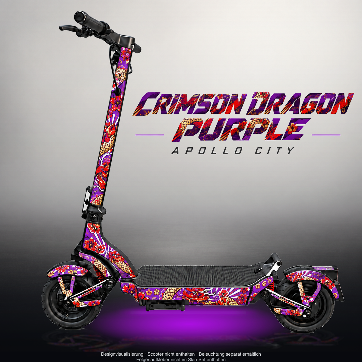 APOLLO CITY / CITY PRO (2022–2024) SKIN | CRIMSON DRAGON PURPLE – Studiofoto mit Licht in der Skinfarbe; Scooter und Beleuchtung separat erhältlich