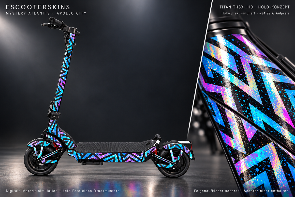 APOLLO CITY / CITY PRO (2022–2024) SKIN | MYSTERY ATLANTIS – Holo-Effekt simuliert; +24,99 EUR Aufpreis. Digitale Materialsimulation, keine physische Druckprobe. Nur Body-Skin; Scooter und Felgenaufkleber nicht enthalten.