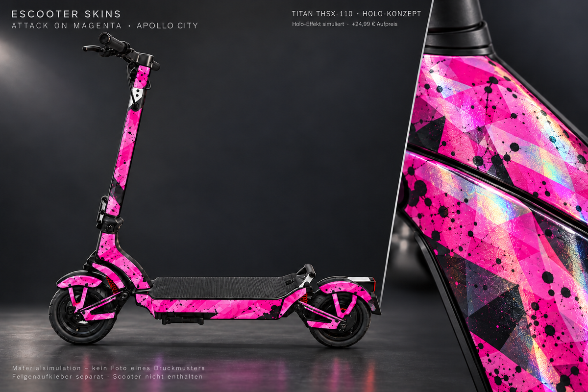APOLLO CITY / CITY PRO (2022–2024) SKIN | ATTACK ON MAGENTA – Holo-Effekt simuliert; +24,99 EUR Aufpreis. Digitale Materialsimulation, keine physische Druckprobe. Nur Body-Skin; Scooter und Felgenaufkleber nicht enthalten.
