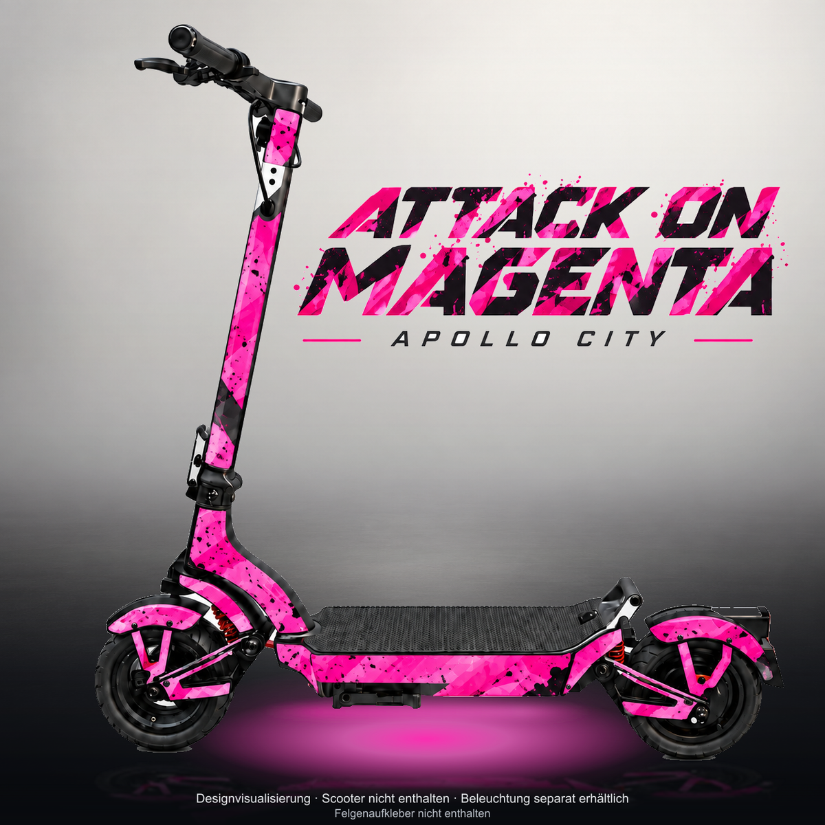 APOLLO CITY / CITY PRO (2022–2024) SKIN | ATTACK ON MAGENTA – Studiofoto mit Licht in der Skinfarbe; Scooter und Beleuchtung separat erhältlich