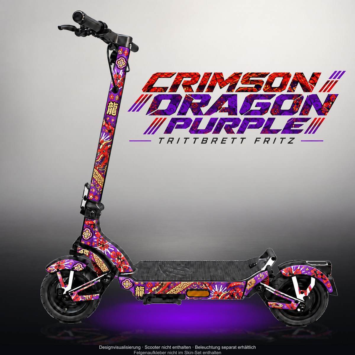 TRITTBRETT FRITZ SKIN | CRIMSON DRAGON PURPLE – Studiofoto mit Licht in der Skinfarbe; Scooter und Beleuchtung separat erhältlich
